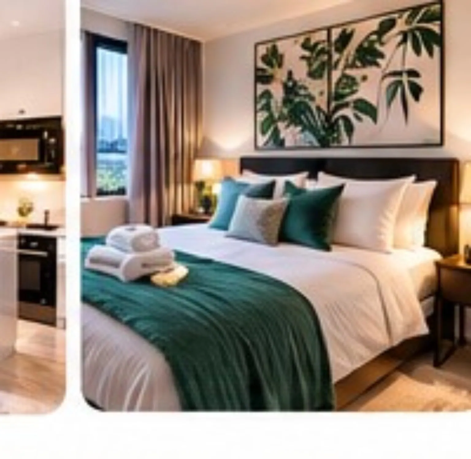 Illustrative serviced accommodation: modern guest bedroom with green accents